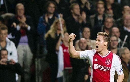 Ajax' Niklas Moisander celebrates after scoring against Manchester City